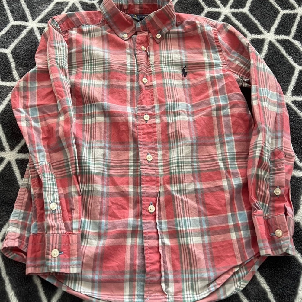 Boys Ralph Lauren Plaid Button-Up Shirt size 6 coral white and blue